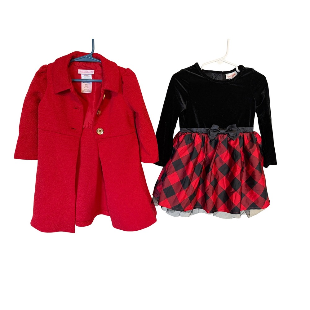 Bonnie Jean Red Coat and Cat & Jack Plaid Velvet Dress Set 2T Holiday Festive